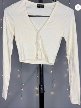 White Fox Boutique Cream Ribbed V-Neck Cropped Cardigan